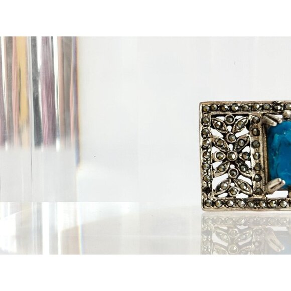 Art Deco Sterling Silver Natural Turquoise Marcasite Double Vintage Brooch Pin - Picture 2 of 10